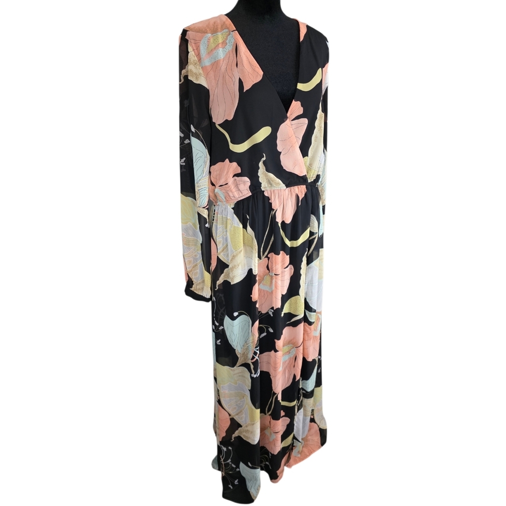 Lulus Wondrous Water Lilies Floral Maxi Dress XL Sheer Sleeve Front Leg Slit - Picture 2 of 10